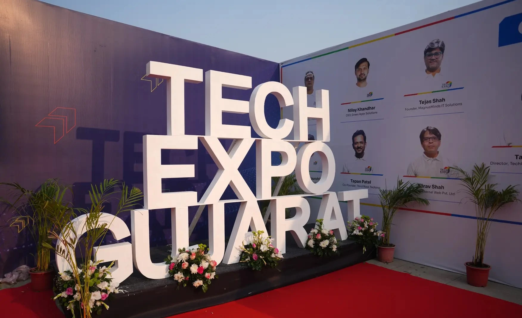 Wall banner at TechExpo Gujarat 2024 showcasing Tejas Shah founder of MagnusMinds IT Solutions as an organizer