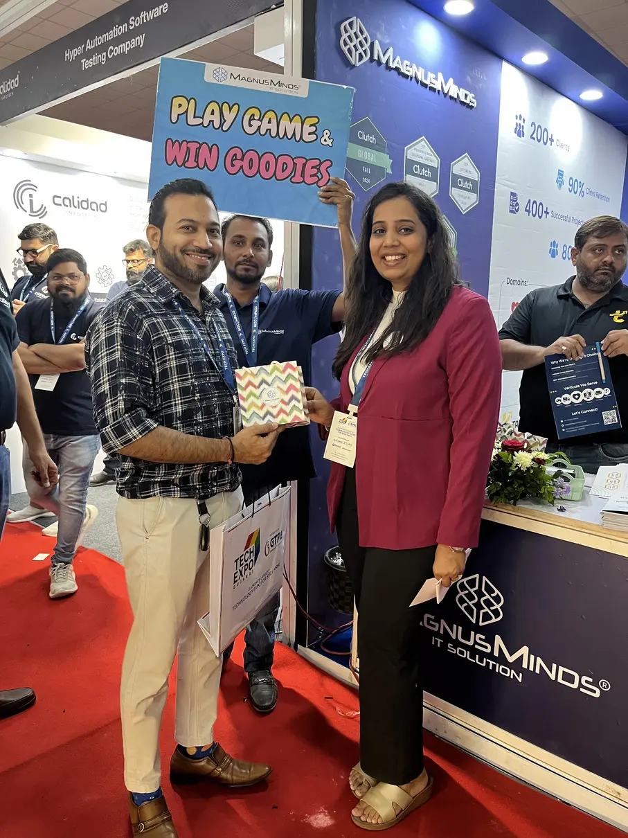 At the MagnusMinds booth during TechExpo Gujarat 2024, an exciting quiz game was arranged for visitors, and the winner received an exciting gift from MagnusMinds